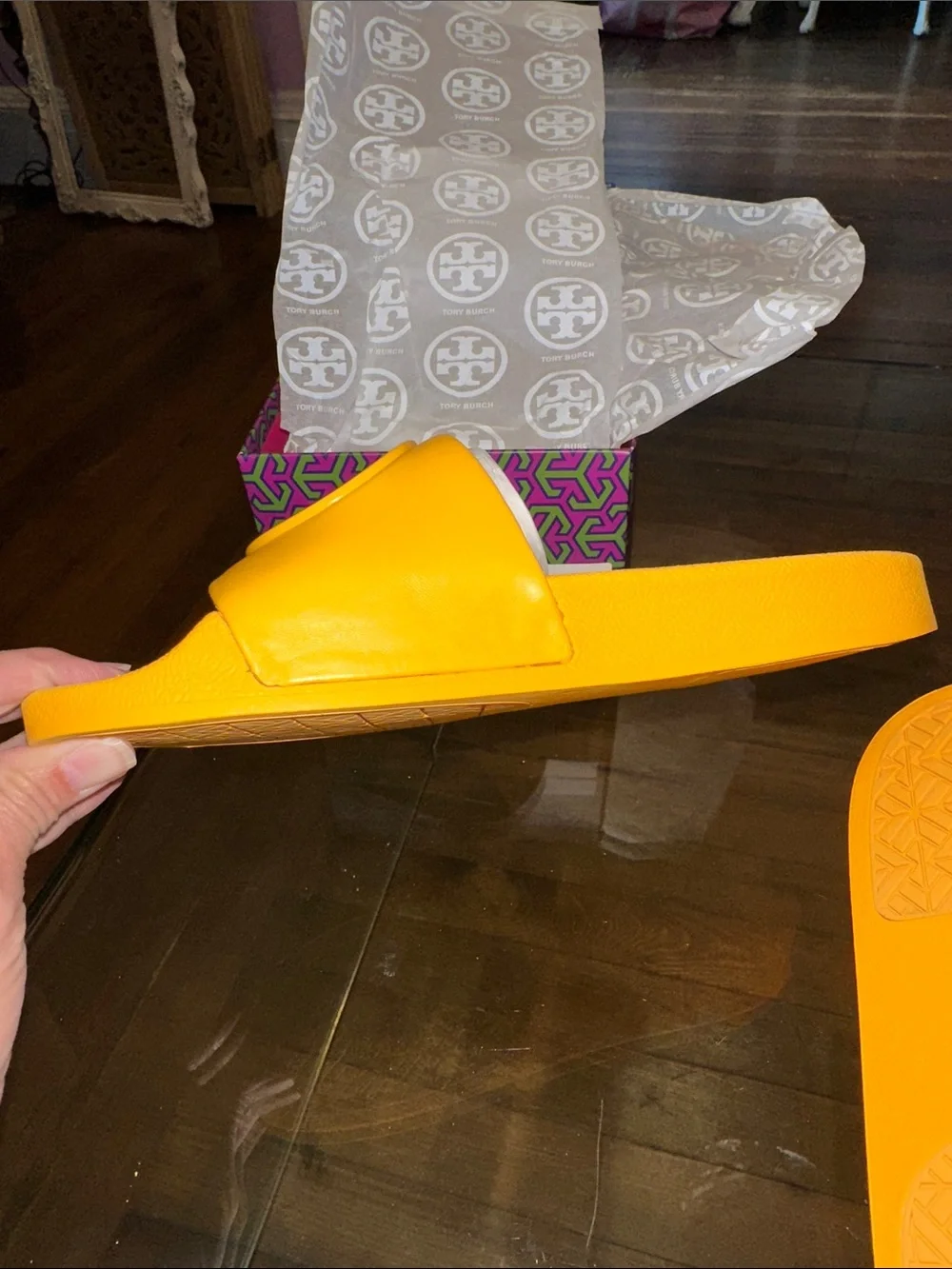 Tory Burch NIB Lina Slide Orange Logo Slide Sandals